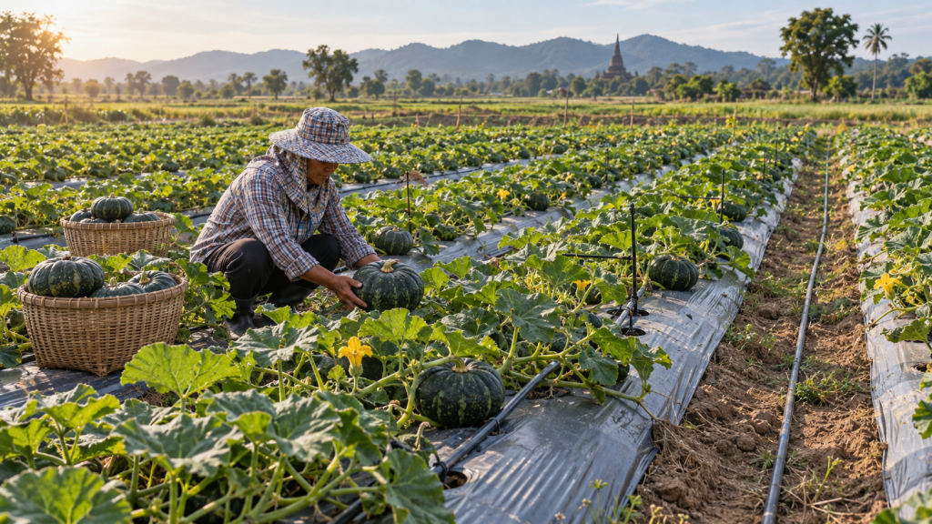 เกษตรกรเก็บฟักทองในแปลง 2 ไร่ที่ใช้ระบบน้ำหยด