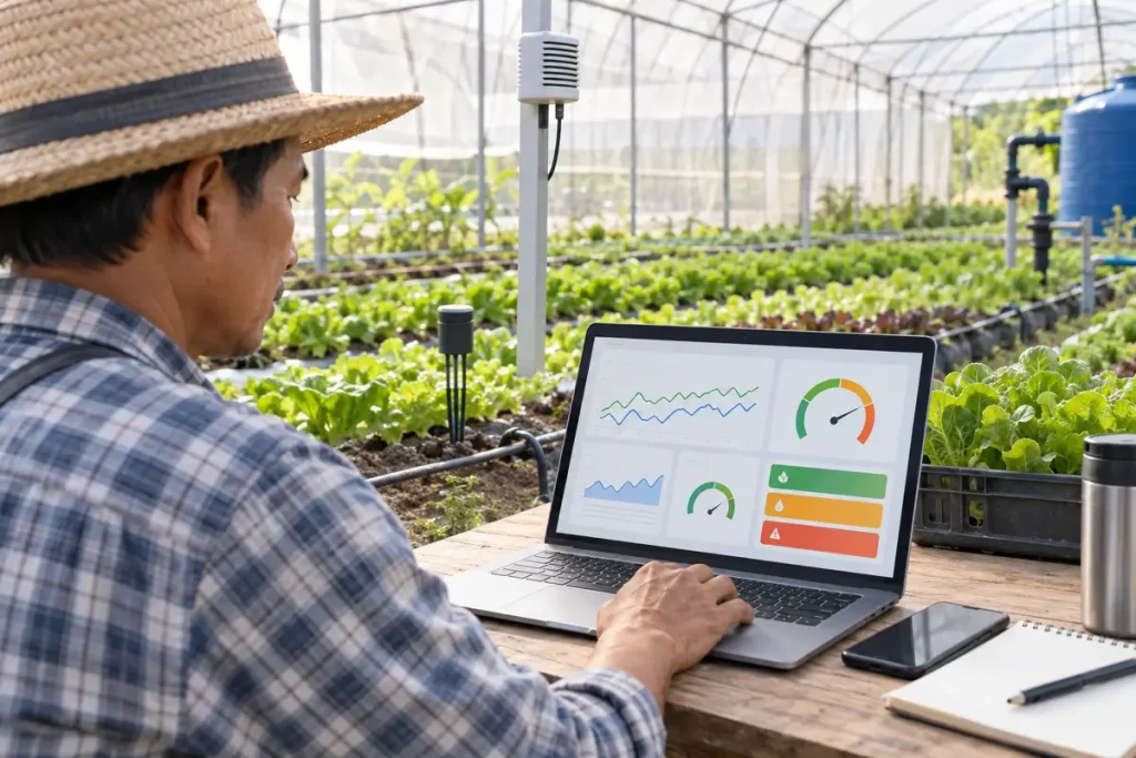 Dashboard Smart Farm แสดงกราฟเซนเซอร์และสถานะแจ้งเตือนภายในโรงเรือน