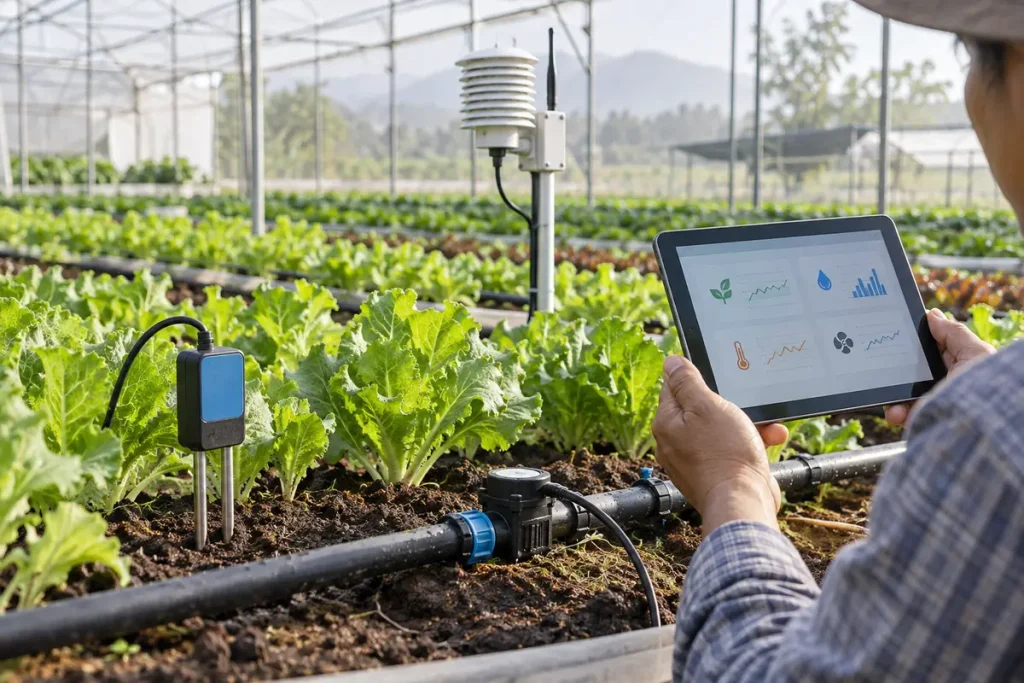 เซนเซอร์ Smart Farm ในโรงเรือนผัก พร้อมระบบน้ำหยดและแท็บเล็ตตรวจข้อมูล